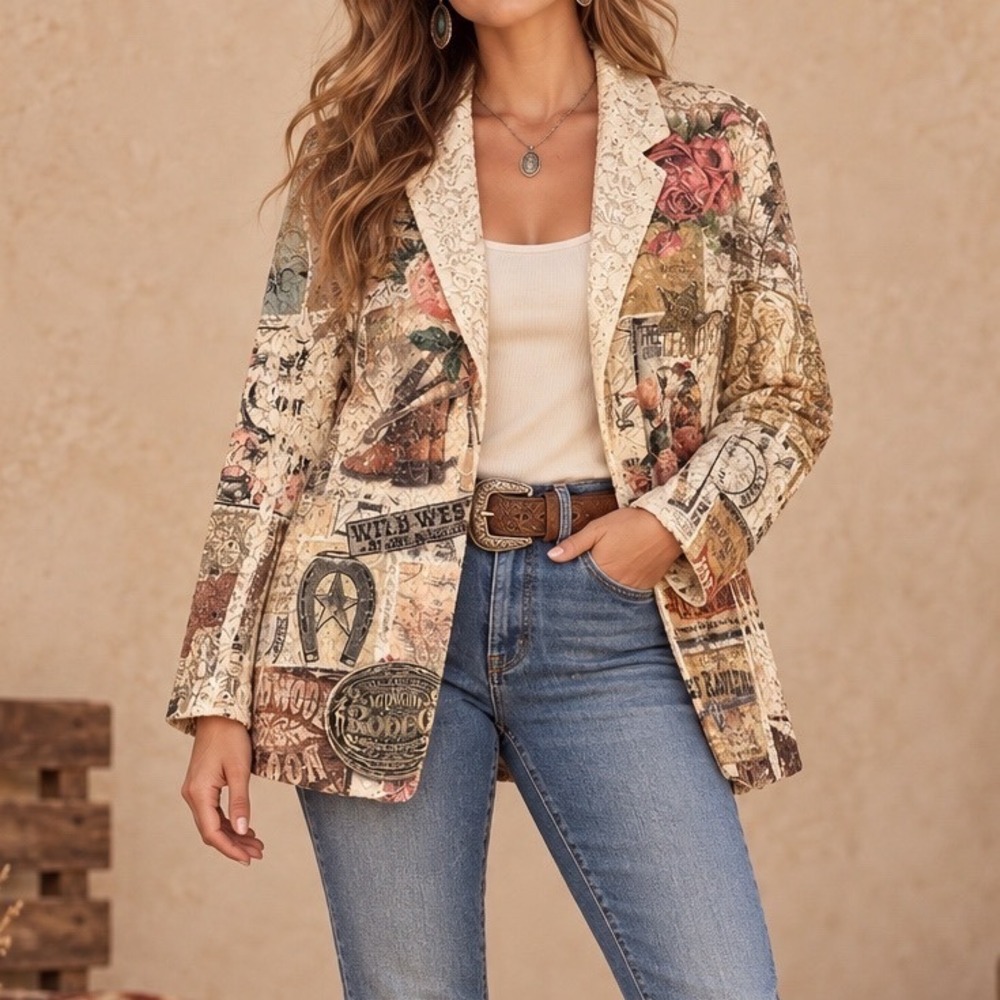 Origami Western Rodeo Lace Sequin Blazer Jacket Cowgirl Boho Floral Print M d5